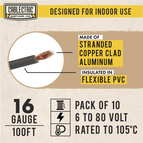 Diagram showing 10 Roll 16 Gauge Automotive Wire Set in Assorted Colors, copper clad aluminum, flexible PVC insulation details.
