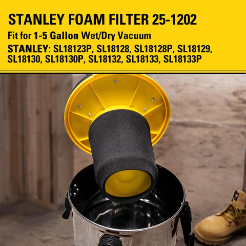 Foam filter for 1 to 5 gallon wet dry vacuum inserted into vacuum unit, compatible with Stanley models SL18123P-SL18133P.