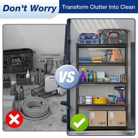 Before and after using Straight Up Heavy Duty Storage Shelves Rock Solid 5 Tier Black Metal Rack 2180 Lb Capacity Adjustable Garage And Workshop Organizer Steel Frame Unit For All Gear.