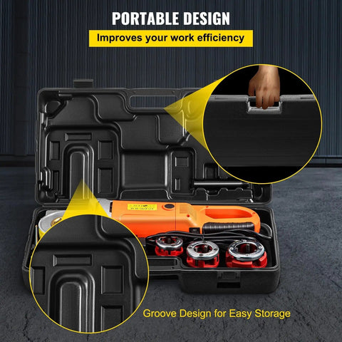 Heavy Duty Boss Level 2300W Electric Pipe Threader with copper motor, portable case, and interchangeable dies for efficient storage.