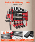 Wall Mounted Power Tool Organizer Three Tier Storage Rack With Four Drill Holders Side Pegboards And Hooks For Garage Workbench And Workshop Organization For Easy Access And Quick Grab Convenience, red, holding drills and tools, 100 lbs capacity.
