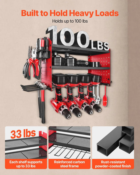 Wall Mounted Power Tool Organizer Three Tier Storage Rack With Four Drill Holders Side Pegboards And Hooks For Garage Workbench And Workshop Organization For Easy Access And Quick Grab Convenience, red, holding drills and tools, 100 lbs capacity.