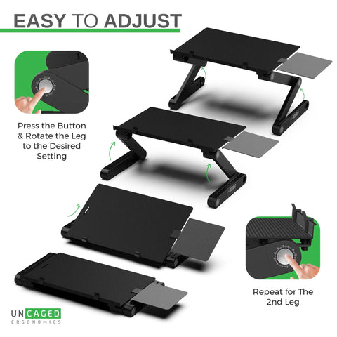 Diagram of WorkEZ Adjustable Keyboard Stand For Desk showing height and tilt adjustments using buttons and rotating legs.
