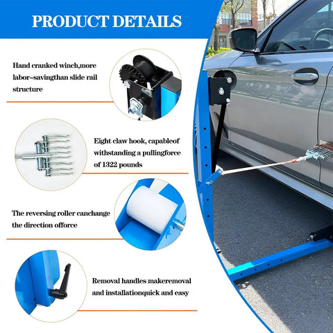 Blue Car Body Sheet Metal Repair Kit with Adjustable Dent Puller in use on car door and details of components