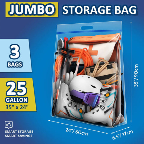 25 Gallon Extra Large Resealable Storage Bags With Zipper Top, Heavy Duty Clear Bags 35 By 24 Inches shown holding sports gear