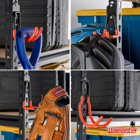 Grid view of 12 Pack Adjustable Heavy Duty Wall Mount Garage Hooks Organizer Kit For Steel Shelving And Garden Tool Storage in use
