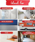 Shower Waterproofing Membrane Fabric Sheet Non Fracturing Contractor Grade High Compatibility 6 Inch By 75 Feet 3 Pack 225 Feet Total Waterproof Membrane For Shower Bathtub Walls RV EPDM Underlayment applications graphic showing use in shower tiles, balconies, decks, metal roofing, RV surfaces, tiles, basement waterproofing.