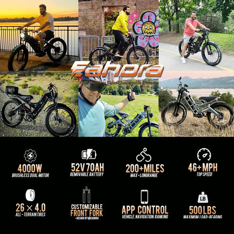 Rugged 2026 Dual Motor Electric Bike For Adults With Beast Mode Power, 46 Mph Top Speed, 52V 70Ah Battery Delivers 200 Mile Range, 26 Inch Fat Tires And Full Suspension Off Road Mountain Bike in scenic outdoor settings.