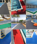 Heavy Duty Non Slip Poolside Floor Mat, Fast Drain Bathroom Anti Fatigue Tile With Wave Channels, Rock Solid Wet Area Deck Pad For Resort Restaurant And Patio Shower Entry, Tight Grip Red Rubber Style 0.9 By 1 Meter, shown in various poolside settings.