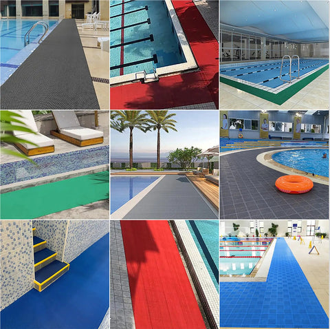 Heavy Duty Non Slip Poolside Floor Mat, Fast Drain Bathroom Anti Fatigue Tile With Wave Channels, Rock Solid Wet Area Deck Pad For Resort Restaurant And Patio Shower Entry, Tight Grip Red Rubber Style 0.9 By 1 Meter, shown in various poolside settings.