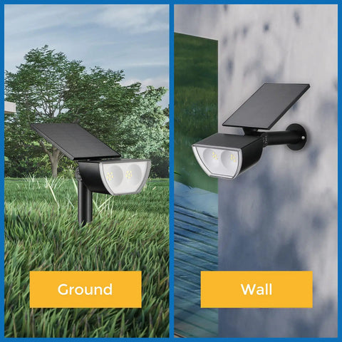 Outdoor Solar Spotlight Set 3000K Warm White, IP67 Waterproof, Adjustable Light Head And Solar Panel, Ground and Wall Mount