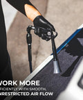 Ultra Air Hose Swivel Kit with articulating swivel for air tools; gloved hand using in tight space on textured surface.