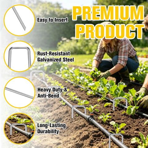 Heavy Duty 6 Inch Landscape Staples 11 Gauge Galvanized Garden Pins For Weed Barrier Fabric And Irrigation Tubing in use