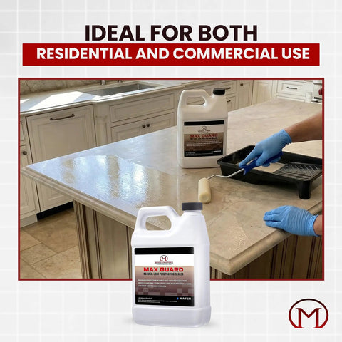 Premium Water Based Penetrating Stone Sealer For Marble Granite Travertine Limestone And Grout Joints with application on countertop.