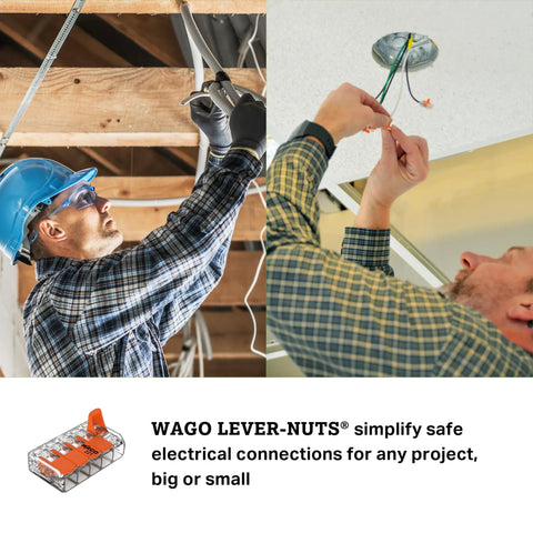 Electricians using Lever Nuts Splicing Connector For Solid And Stranded Conductors 5 Conductor With Operating Levers 24-12 AWG Transparent Housing Box Of 25 Pieces Plug And Play Push Lever Lock Ideal For Quick Home And Professional Wiring in ceiling and wall wiring