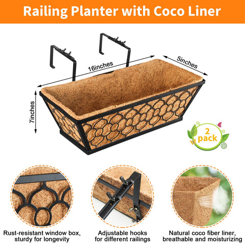 Two Pack 16 Inch Window Box Planters With Coco Liner For Railing, metal deck hanging planters with adjustable hooks for balcony.