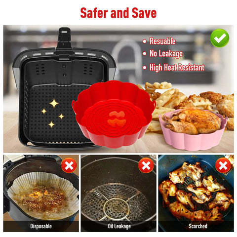 3-Pack Reusable Silicone Air Fryer Liners, 8.5 Inch Fits 3.5 To 8.5 Qt Baskets, colorful red liner in air fryer basket