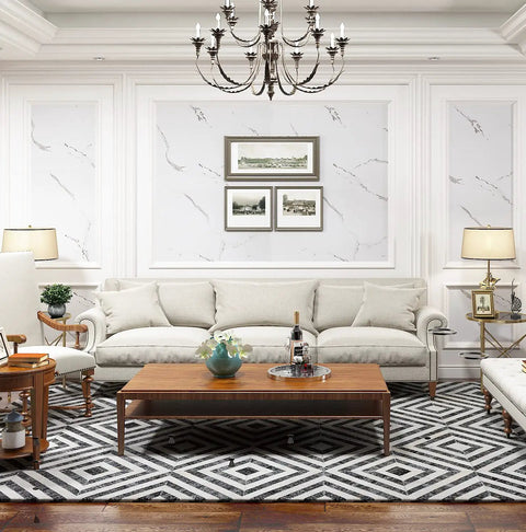 Living room with 24 By 200 Inch White Marble Peel And Stick Countertop Paper Self Adhesive Waterproof Removable Marble Wallpaper on walls