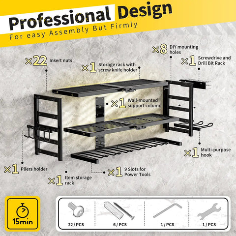Heavy Duty Wall Mount Power Tool Organizer With Three Layer Storage Rack Nine Drill Holders And Battery Storage That Can Handle Up To 320 Pounds For Your Garage Workshop And Tool Room Gotta Have It, featuring components and assembly guide.