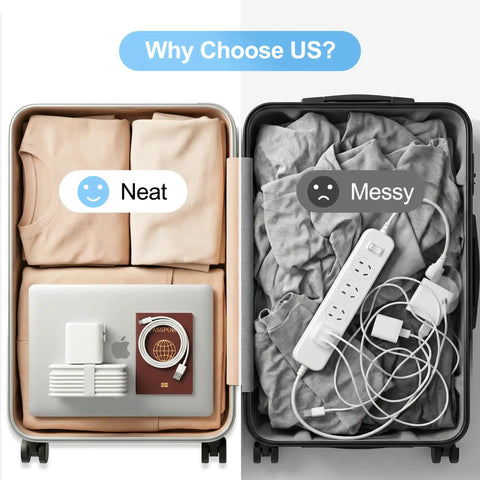 Two suitcases, one organized with clothes and Universal Travel Adapter With 6 Foot Extension Cord, one messy with tangled cables.