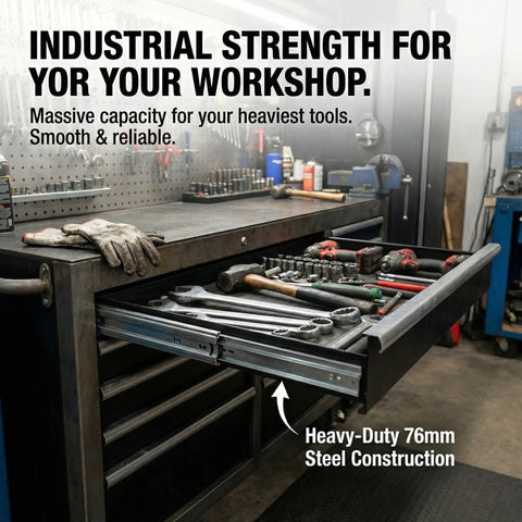 Workshop setup with open drawer showing heavy tools, featuring Beefy 76mm Heavy Duty Drawer Slides With 500lb Capacity Full Extension Ball Bearing Tracks.