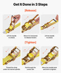 Instructions for using Six Pack 2 Inch By 15 Foot Heavy Duty Ratchet Straps With Double J Hooks, 5000 Lbs Break Strength.