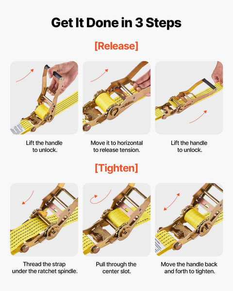 Instructions for using Six Pack 2 Inch By 15 Foot Heavy Duty Ratchet Straps With Double J Hooks, 5000 Lbs Break Strength.
