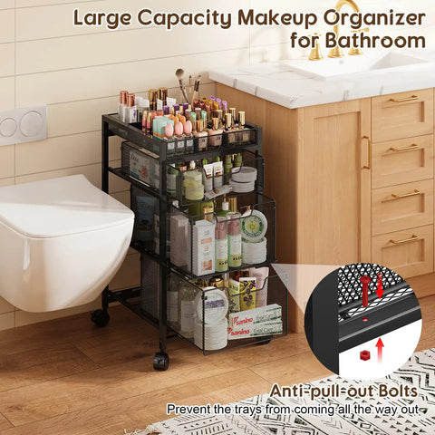 Rolling Makeup Cart Organizer With Three Drawers For Cosmetics And Skincare seen in a bathroom with wood floor and swivel wheels.
