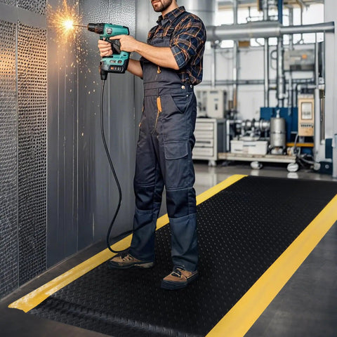 Worker standing on Extra Thick 3 By 7 Ft Anti Fatigue Floor Mat For Standing Tasks In The Shop Or Garage Ergonomic Comfort With Soft EPDM Foam Core And Anti Static Rubber Top Conductive Base For Durable Industrial Use And Pain Relief
