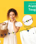 Travel Clothesline With 12 Colorful Clips And Waterproof Bag featured with woman holding basket next to drying line.