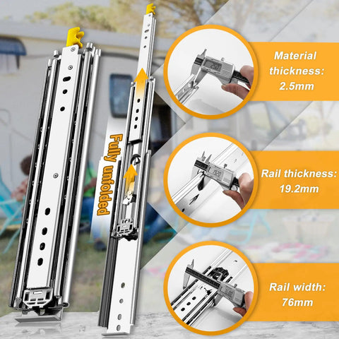 Heavy Duty 48 Inch Drawer Slides With Lock 1 Pair Side Mount Full Extension Ball Bearing Rails 500 Lb Load Capacity measurements displayed