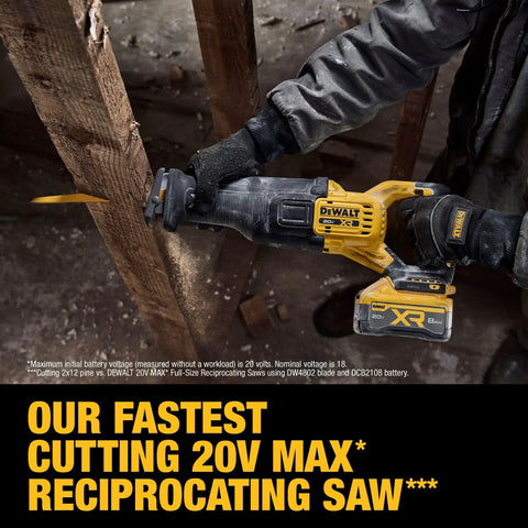 Worker using 20V Max XR Cordless Reciprocating Saw Kit With Battery And Charger Included, Brushless Power For Fast Cuts, One And One Eighth Inch Stroke, Heavy Duty Demolition Tool With Powerpack, Pro Grade Jobsite Performance cutting wood