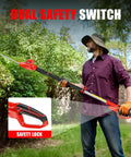 Person using 20 Inch Cordless Pole Hedge Trimmer With 14.5 Ft Reach, 150 Degree Adjustable Head in a garden