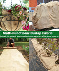 40 Inch Wide Burlap Fabric Roll By The Yard Natural Jute Garden Material shown in various gardening and decor uses outdoors.