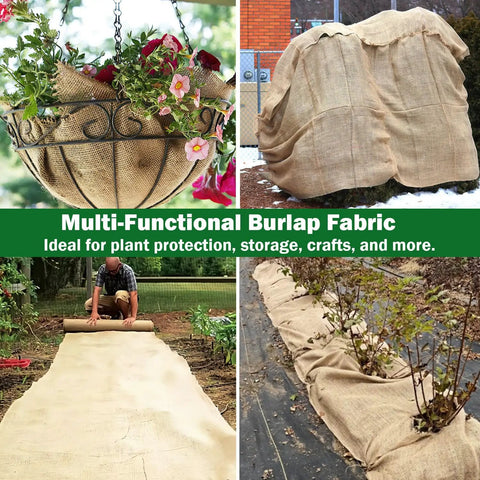 40 Inch Wide Burlap Fabric Roll By The Yard Natural Jute Garden Material shown in various gardening and decor uses outdoors.