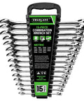 15-Piece Metric Combination Wrench Set With 12-Point Max Torque Open End CR-V Steel 8 To 22Mm Includes Storage Rack Built Tough For Auto Bike And Industrial Use, front view
