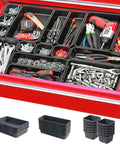 50 Pack Tool Box Organizer Tray Set With 3 Size Trays For Desk Drawer And Garage Organization Slick And Practical For Rolling Tool Chests Carts Cabinets And Workbenches Small Hardware Divider Kit in red tool chest with various tools and accessories organized in black trays