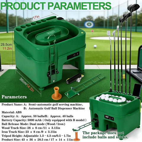 Automatic Golf Ball Dispenser And Tee Up Trainer For Driving Range And Home Practice With 40 Ball Capacity Dual Mode Height Adjustment Infrared Auto Tee System on green surface with size parameters.