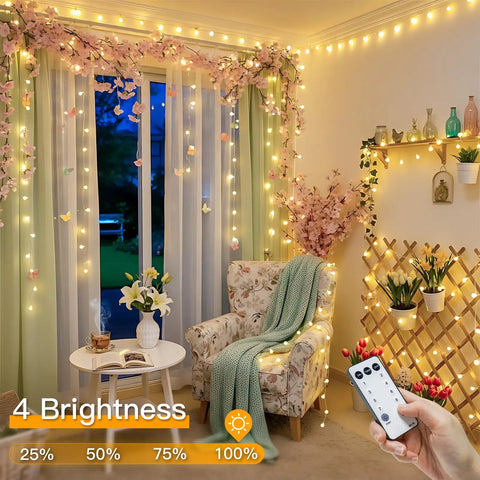 Warm White 33Ft 100 LED Connectable Globe String Lights With Remote illuminating a cozy living room setting