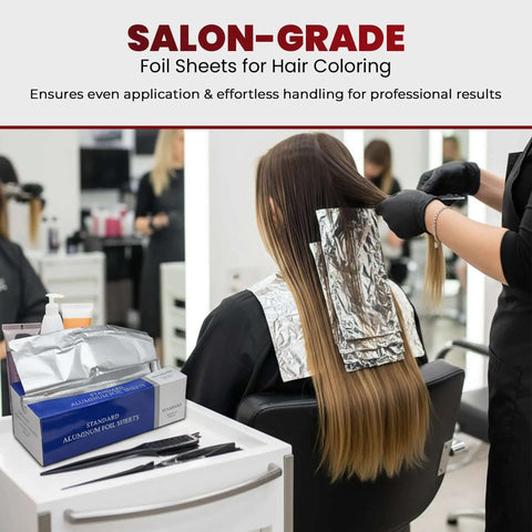 Hair stylist using pre cut aluminum foil sheets 12x12 pop up box of 500 for hair coloring in salon