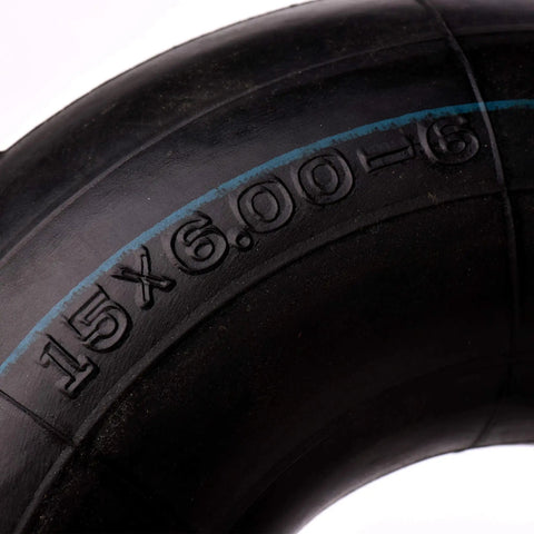 Close-up of 2 Pack 15x6.00-6 Inner Tubes with TR13 Straight Valve Stem, showing tire size marking on rubber surface.