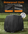 4 Passenger Heavy Duty Golf Cart Cover 420D Waterproof With Extended Roof outdoor protection in rain with details, fits carts up to 112 inches.