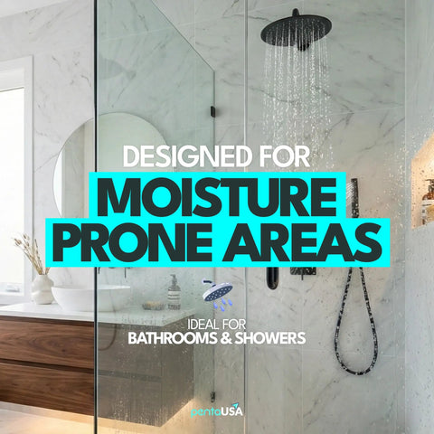Bathroom shower with text highlighting White Premixed Acrylic Sanded Grout Repair Kit With Applicator, water resistance.