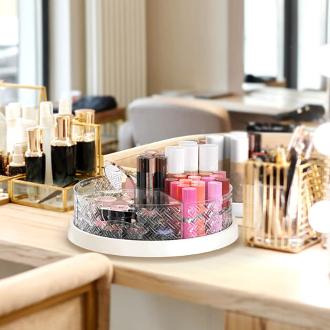 12 Inch Lazy Susan Turntable With Removable Bins And Dividers, organizing makeup and cosmetics on a vanity table.