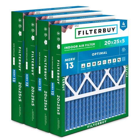 Four-pack of 20x25x5 MERV 13 air filters for smoke allergy defense and clean air in your home.