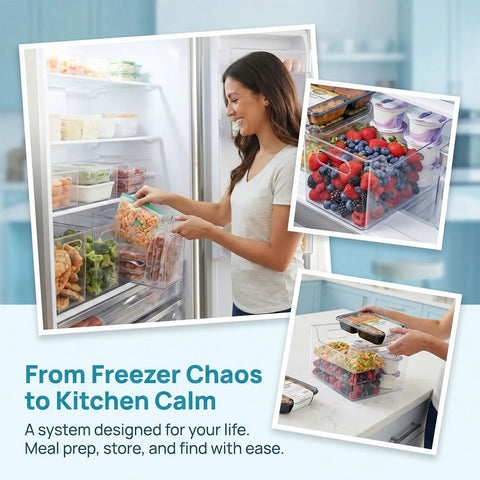 Crystal Clear Freezer Storage Bins Set 2 Pack Or 4 Pack With Easy Grab Handles, Stackable Freezer Organizer Bins installed in fridge