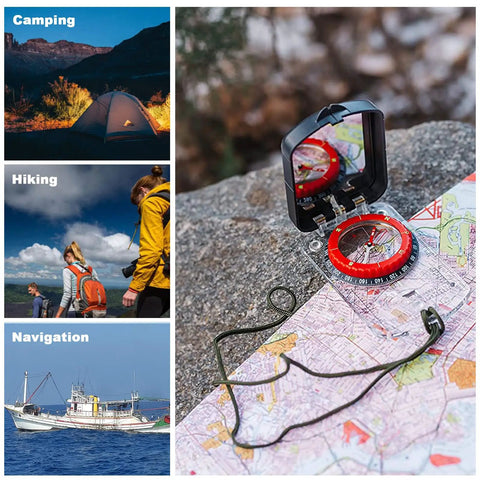 Glow In The Dark Hiking Compass With Waterproof Base Plate on map, mirror sighting and paracord rope for navigation outdoors