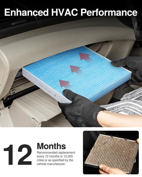 Toyota Cabin Air Filter Replacement For Camry RAV4 Highlander Corolla Sienna Tundra Prius 4Runner Outback Legacy Lexus Scion And Land Rover Keeps Your Cabin Fresh And Your HVAC Flow Strong Replacement For CP285 CF10285 being installed by hands wearing gloves.