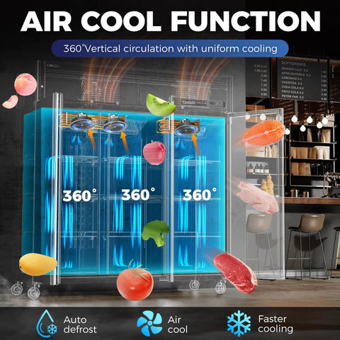 Heavy Duty Stainless Steel Three Door Commercial Fridge With Secure Locks Top Tier Reach In Cooler with 360° air cool function.