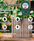 3-In-1 Soil Moisture Meter pH And Fertility Tester with dial gauge in garden setting, no battery needed, plug-and-read kit.